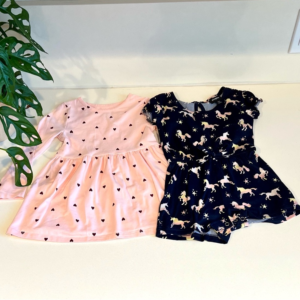 Toddler Girl Spring Outfit Bundle Heart Dress and Romper Unicorns